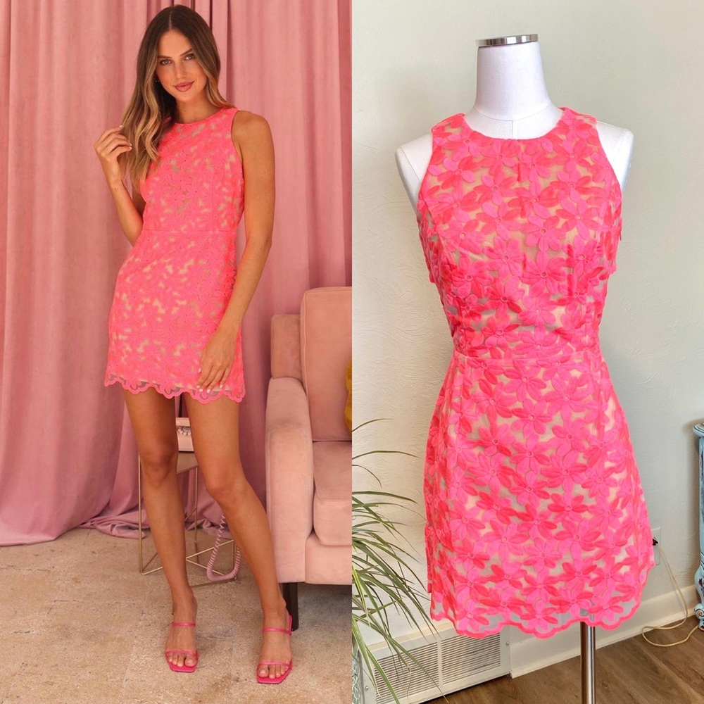 NWT Adelyn Rae Mila Fitted Mini Shift Dress Lace Cut Out Back Barbie Pink